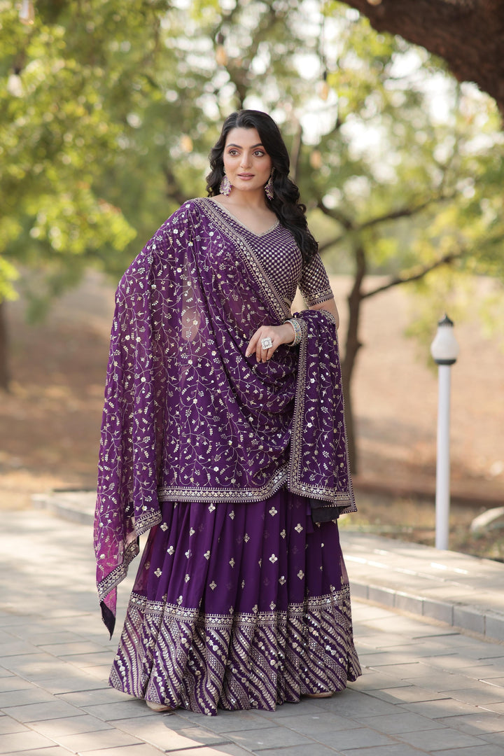 Dark Rani Faux Blooming Dhavani Set , Langa Voni , Half-Saree and Davani Sets With Price and Online Shopping Price Under 3000 . Elevate your festive look with this Faux Blooming Lehenga Set. Adorned with heavy sequins, thread embroidery, and designer lace borders, this elegant outfit is perfect for weddings and special occasions . 
