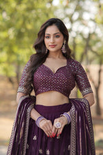 Load image into Gallery viewer, This elegant half saree set features a fully stitched lehenga made from faux blooming fabric adorned with heavy sequins and thread embroidery. wine faux blooming dhavani set , langa voni and davani set -Shop now at Shoppers Trend...
