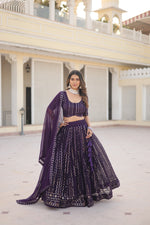 Load image into Gallery viewer, Dark Rani Faux Blooming wIth Heavy Sequins Dhavni Set , Langa Voni and Half-Saree with Price and Online Shopping Price Under Rs . 3000 . This Fabric Soft and heavy Sequins and Faux Blooming With Heavy Sequins &amp; Thread Embroidered work and Traditional Look and Any Occasion  For This Heavy Sequins Work .
