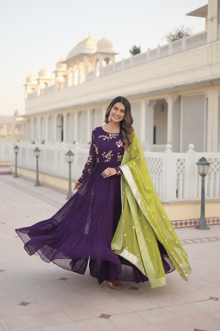 Dark Rani Faux Georgette Anarkali With Price And Online Shopping Price Under 2000 . This Fabric So Heavy and Shop this elegant 56-inch gown in faux georgette with multi-sequins embroidery, a 12-meter flair, and a 3-layer frill design. Includes a 2.3-meter sequins lace dupatta in Parrot. Traditional Look For 2024-25  2025-26 . 