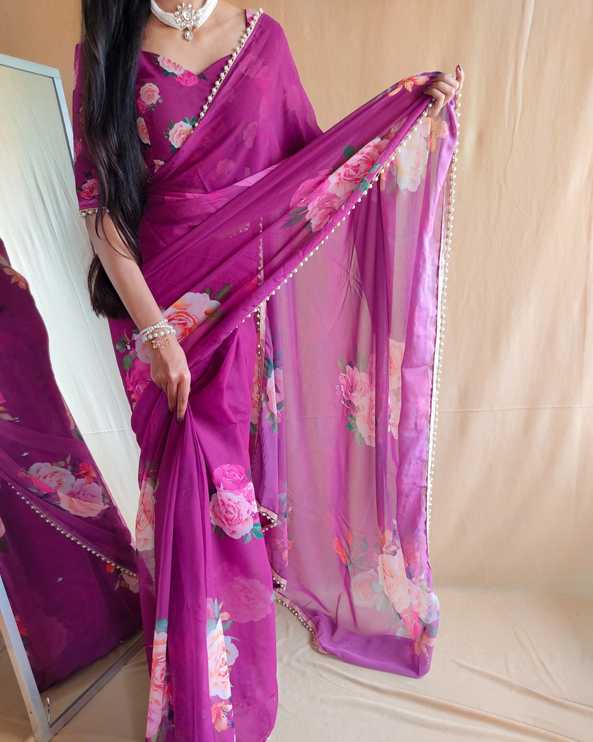 Dark Rani georgette sarees with price and online shopping , images this fabric georgette price under 1000 . this saree gulab design and flower most uniquedesign this saree model using and blouse same color peace . 