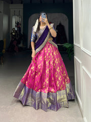 Dark Rani Jacquard Silk Dhavani Set , Davani , Langa Voni adn Half-Saree With Price and Online Shopping Price Under 2000 . this Fabric Soft and Jacquard Silk Dhavani and Blouse Stitched and This Work Zari Weaving Work With Lace Touch Up and Dupatta Georegette Fabric and Dan Blue Color Soft Fabric and With Zari Weaving Work . Traditional Look 2024-25 . The Fabric Rich Fabric Fully Border Golden Zari Weaving Work. 