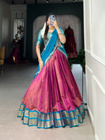 Load image into Gallery viewer, Luxurious Kanchipuram Davani Set with zari-woven stitched lehenga unstitched Kanchipuram blouse material, and elegant lace-bordered georgette dupatta. Classic three-piece ensemble for traditional occasions.

