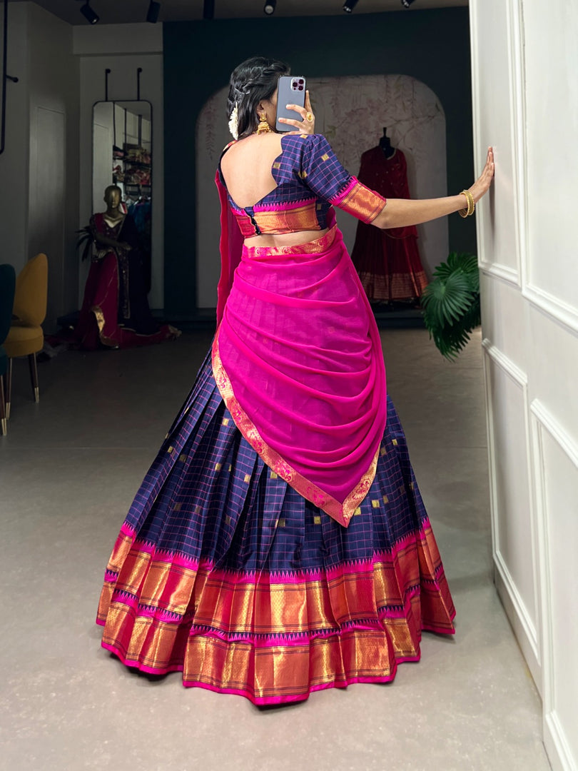 Cotton Silk Half-Saree with Paithani weaving work. Set includes stitched lehenga ,  unstitched blouse, and decorated Georgette dupatta with lace border. Traditional design with quality craftsmanship.