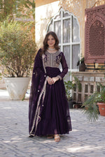 Load image into Gallery viewer, Dark Rani Color Designer Gown for Wedding , Buy Dark Rani Silk Saree with Zari Work Online , Elegant Dark Rani Embroidered Gown for Women , Trendy Dark Rani Color Ethnic Wear Collection , Dark Rani Bridal Lehenga with Heavy Work . 
