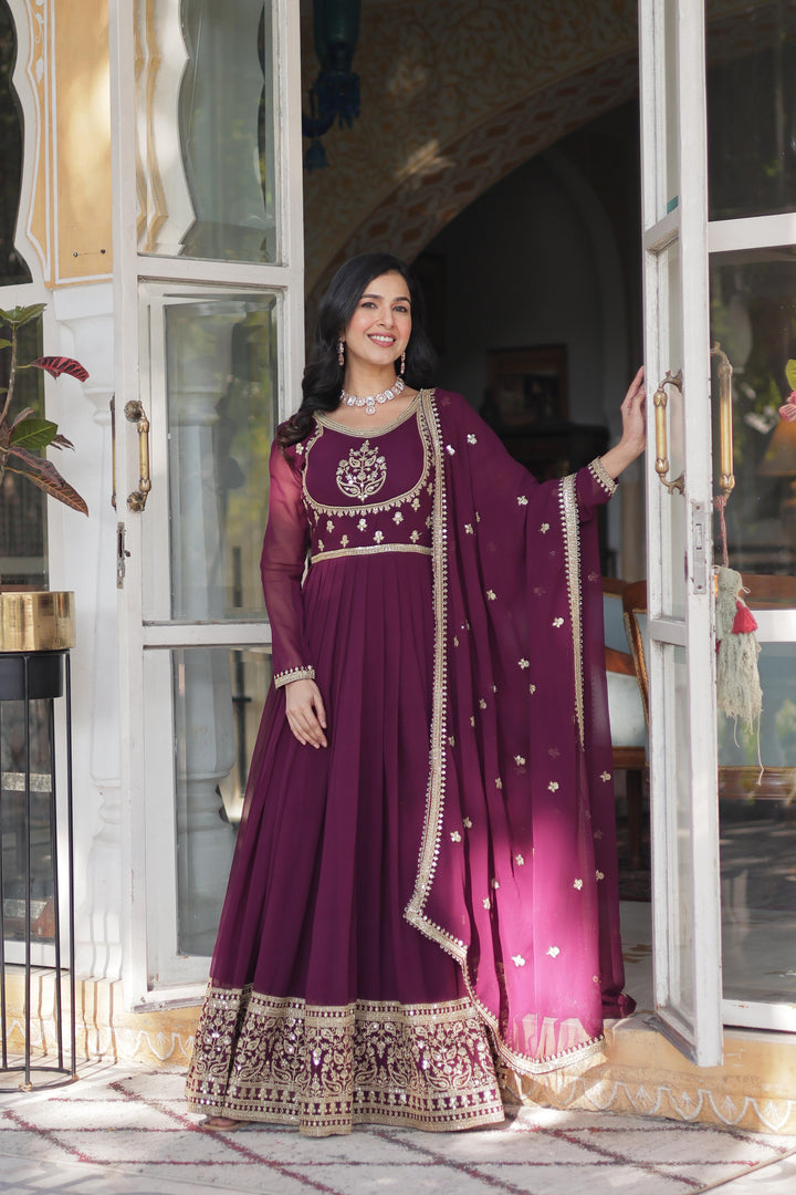 Soft & Flowing Faux Blooming Georgette Fabric , Comes with a Matching Dupatta for a Complete Look , Buy Designer Embroidered Gown Online , Latest Full Sleeve Gown for Festive Wear and Stylish Faux Georgette Gown with Lace Work . 