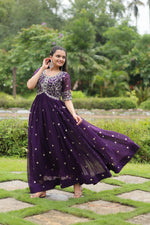 Load image into Gallery viewer, Premium sequin embroidered purple gown , Stylish dark purple gown with cotton comfort , Glamorous purple round neck gown for events , Purple gown with full cotton inner lining , Designer purple embroidered gown for festive occasions , Faux blooming purple gown for reception look , Traditional dark purple gown for functions , Premium sequin embroidered purple gown .
