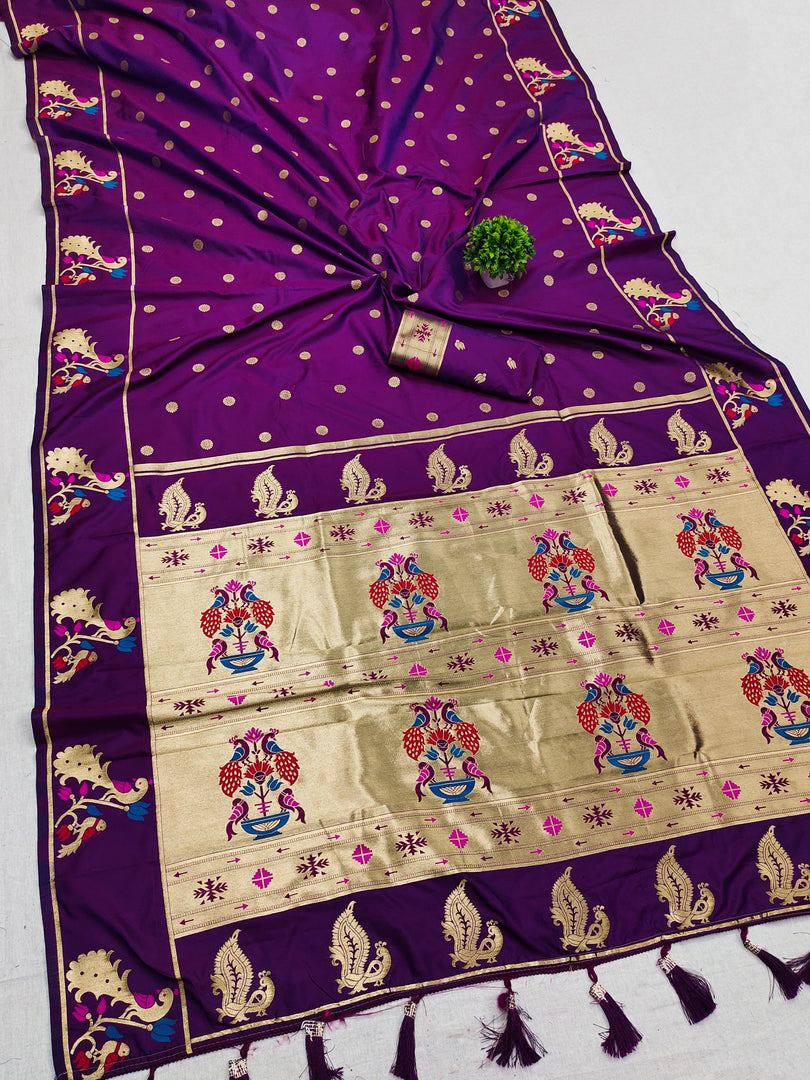 Explore our stunning Dark Rani Soft Paithani Silk Saree, crafted from premium Soft Paithani Silk fabric for a luxurious feel. Perfect for weddings, parties, and special occasions, Rich Pallu This Saree . 