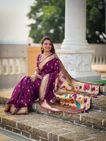 Load image into Gallery viewer, Dark Rani Soft Paithani Silk Sarees With Price and Online Best Shopping Price Under 2500 . this Fabric Rich Pallu and Best Memories Design and Green Blouse Combined Design Color Look and authentic.
