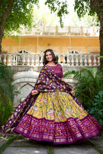 Load image into Gallery viewer, Dark Rani Tussar Silk Dhavani Set , Langa Voni , Half-saree and Davani Set With Price and Online Shopping Price Under 2000 . Floral luxury with this Tussar Silk Lehenga Set. Stitched lehenga with can. unstitched blouse, and a tassel-adorned dupatta make it the perfect festive wear . 
