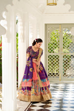 Load image into Gallery viewer, Dark Rani With Pink Dola Silk Langa Voni , Dhavni Set , Half-Saree and Davani Set With Price and online Shopping Price Under 1500 . Flaunt your style with this Dola Silk Lehenga Set in vibrant shades like Dark Rani . Featuring Kalamkari print, weaving borders, and a tassel-adorned dupatta, it’s perfect for festive occasions.
