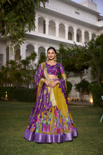 Load image into Gallery viewer, Dark Rani Or Purple With Dark Yellow Color Dola Silk Langa Voni , Davani Set , Half-Saree and Dhavani Sets With Price and Online Shopping Price Under 2000. Make a statement with this Kalamkari Lehenga crafted in Dola Silk. Includes a flared lehenga, printed blouse, and a zari-bordered dupatta with tassels. Perfect for weddings and festive celebrations . Traditional Look 2024-25 . 
