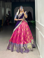 Load image into Gallery viewer, Stitched jacquard silk lehenga and blouse with zari detailing, complemented by embellished georgette dupatta.

