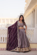 Load image into Gallery viewer, Dark Rani or Wine Pure Dyable Viscose Jacquard Dhavani Set , Davani Set and Half-Sarees With Price and Online Shopping Price Under 3000 . this Lehenga Pure Dyable Viscose Jacquard Dhavani Set with Embroidered Sequins &amp; Dori Latkan, Chain attached. Includes Blouse and Dupatta made of Faux Georgette with Sequins Embroidered Lace Border . 
