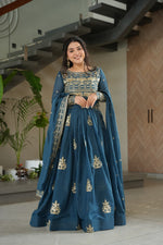 Load image into Gallery viewer, Dark Sky Chinon Kurti With Price and Online Shopping Price Under 2000 . this Fabric Upgrade your wardrobe with this stunning Gown  and Dupatta set. Made with Chinon fabric and rich sequins embroidery, featuring cotton lining, full sleeves, and a round neck. Perfect for festive occasions . 
