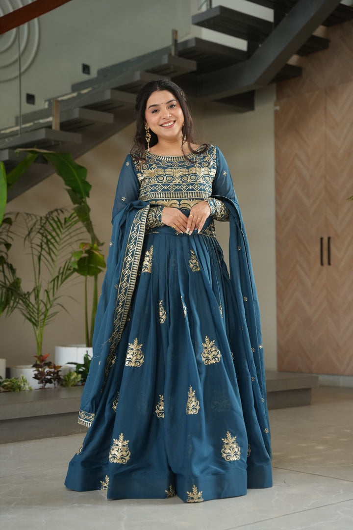 Dark Sky Chinon Kurti With Price and Online Shopping Price Under 2000 . this Fabric Upgrade your wardrobe with this stunning Gown  and Dupatta set. Made with Chinon fabric and rich sequins embroidery, featuring cotton lining, full sleeves, and a round neck. Perfect for festive occasions . 