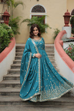 Load image into Gallery viewer, Dark Sky Chinon Fabric Kurti Set With Price and Online Shopping Price Under 2000 . Shop this beautiful Kurti Sharara Dupatta set in Chinon fabric with rich sequins embroidery. Full cotton lining, elastic waist Sharara, and elegant dupatta for festive occasions . 
