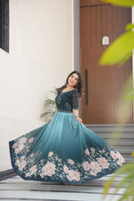 Load image into Gallery viewer, Dark Sky Color Faux Blooming Gown , Rich Floral Printed Dark Sky Gown , Beads Embroidered Dark Sky Gown , Elegant Dark Sky Color Gown for Women , Wedding Party Dark Sky Gown , Designer Dark Sky Gown with Digital Print , Party Wear Dark Sky Long Gown , Stylish Dark Sky Gown with Cotton Lining , Dark Sky Embroidered Gown for Festivals , Heavy Flair Dark Sky Gown .
