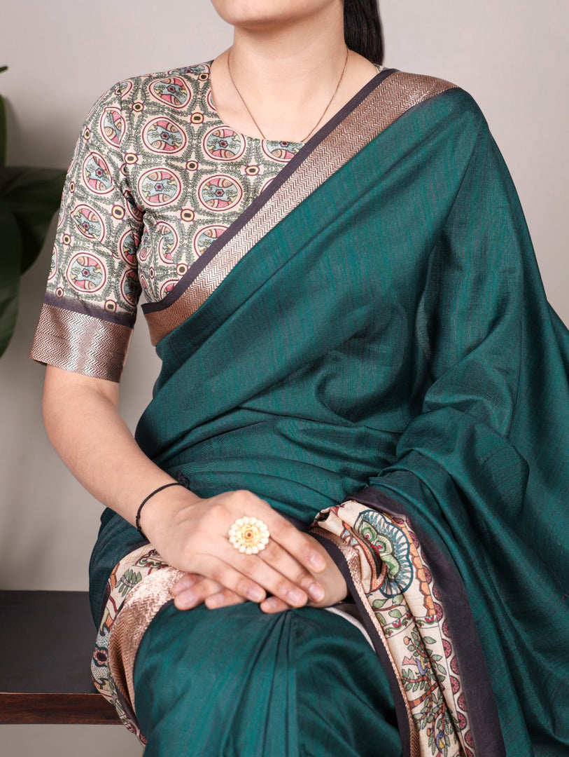 Dark sky blue saree  , Printed tussar silk sky blue saree , Viscose border sky tone saree , Stylish dark sky saree look , Soft silk saree in sky shades , Festive sky blue saree , Digital print dark sky silk saree