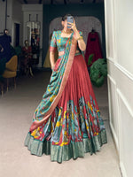 Load image into Gallery viewer, Dark Sky Dola Silk Dhavani Set, Langa Voni , Davani Set , Half-Sarees With Price and Online Best Shopping Price Under 2000. this Fabric Dark Sky Dola Silk Dhavani Foe Weddings Wear Collection and This Blouses Unstitched and  Printed (Kalamkari) With Zari Weaving Border. This Fabric Dola Silk Color Langa Davani Set Rich Zari Weaving Work Border . Traditional dhavani Set Woman Look 2025 , 2024 , 2026 . 
