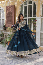 Dark Sky Faux Blooming Gown , Embroidered Dark Sky Gown with Dupatta , Dark Sky Color Zari Sequins Gown , Party Wear Dark Sky Gown Online , Elegant Dark Sky Long Gown for Women , Stylish Dark Sky Gown with Lace Border Dupatta , Dark Sky Gown with Cotton Inner Lining . 