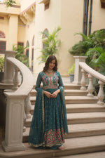 Load image into Gallery viewer, Dark Sky Sequin Kurti Set , Blue Sharara Set for Evening Wear
 , Georgette Kurti with Sharara in Dark Sky Blue , Elegant Blue Kurti Dupatta Set , Blue Party Wear Sharara Suit .
