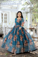 Load image into Gallery viewer, Dark Sky Faux Georgette Gown With Price and Online Shopping Price Under 2000 . this Fabric So Elegant Designs and This Fabric Dark Sky Gown Digital Printed Faux Georgette . This Fabric Faux Georgette Embroidery Zari Weaving Work and Rich Border and Layer For Heavy Zari Weaving . Traditional Look For 2024-25 .   
