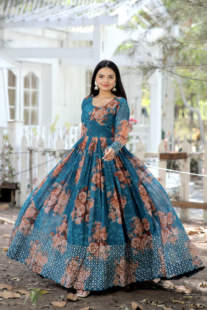Dark Sky Faux Georgette Gown With Price and Online Shopping Price Under 2000 . this Fabric So Elegant Designs and This Fabric Dark Sky Gown Digital Printed Faux Georgette . This Fabric Faux Georgette Embroidery Zari Weaving Work and Rich Border and Layer For Heavy Zari Weaving . Traditional Look For 2024-25 .   