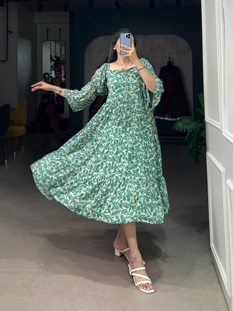 Pure Dark Sky Georgette Dresses Floral Print With Cotton Micro Lining Price and Online Shopping Price Under 1500 . Shop this  Georgette frock with floral print, 6 meter flair, and full micro cotton lining. Adjustable chest size up to 42 inches for perfect comfort.
