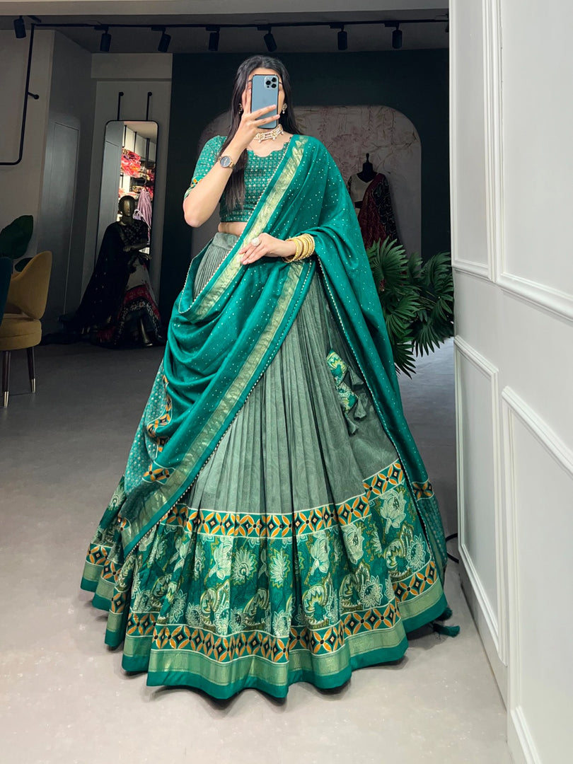 Tina Tussar Silk Dark Sky  Dhavani Set | Langa Davani Set | Half-Saree | Shoppers Trend