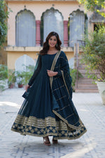 Load image into Gallery viewer, Dark Sky Or Rama Color Faux Blooming Anarkali Price and Online Shopping Price Under 2000 . this Fabric Heavy Embroidery Work and Sequin Work Bottom Side and This Fabric Dark Sky Faux Blooming For Weddings Special Anarkali Wear Collection, Traditional Look For 2024-25 , 2025-26 . 
