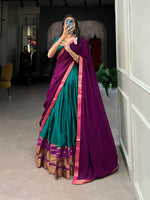 Load image into Gallery viewer, sky with rani dupatta dhavani Set , half-saree , langa voni shoppers trend - Price Under 1999. this poly cotton half-saree , dhavani set . Traditional Look for 2025-26 . 
