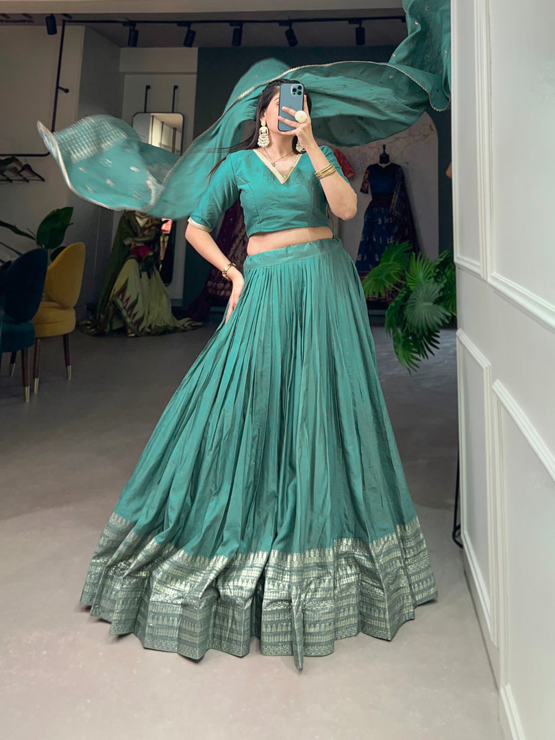 Dark Sky Pure Chanderi Dhavani Set | Half-Saree , Langa Voni With Price and For Weddings Price Under 2000 . This Fabric Most Beautiful and  Celebrate tradition with this Pure Chanderi Lehenga Set ,  it’s a timeless choice for celebrations . 