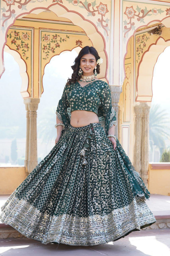 Dark Sky Pure Viscose Jacquard Dhavani Set | Davani Set , Half-Saree With Price and Best For Weddings Shopping Price Under 3000 . This Fabric Working Embroidered Sequins work and Blouse and Dupatta Same as Traditional and Model Using Woman and Best For Weddings and  Dupatta fabric and Work Faux Blooming with Sequins embroidered Work. 