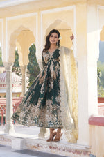 Load image into Gallery viewer, Dark Sky Russian Silk Anarkali With Price and Online Shopping Price Under 2500 . This Fabric So Heavy and Heavy Embroidery Zari Sequins-work and This fabric Digital printed Russian silk Fabric Smooth and Silk fabric . This Fabric Dupatta Russian silk  with Embroidered Cut-Work and This Fabric Fancy V Neck and Full Sleeves . Traditional Look For 2024 , 2025-26 . 
