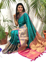 Load image into Gallery viewer, This Saree Beautiful  Dark Sky Soft Kanjivaram Silk Sarees With Price and Online Shopping Price under 1500 . This Saree Gold Zari Weaving Work and Pink Shadows this Saree and RIch Pallu Tradition look For 2024-25 .  
