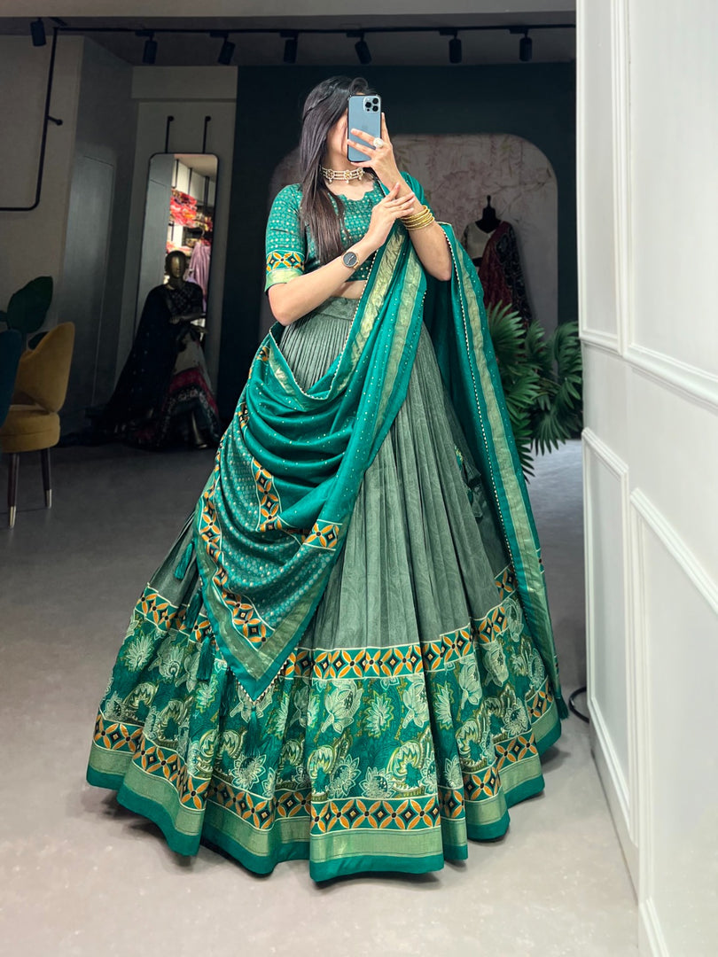 Dark Sky Tussar Silk Dhavani Set , Langa Voni , Half-Saree and Langa Davani Set Price and Online Shopping Price Under 2000 , this Fabric So Heavy and Dark Sky Color Rare Case Using Lehenga Floral Print With Foil Print Work , Blouse Printed and Foil Work and Dupatta Printed With Both Side Tassels , Traditional Look For 2024-25 , 2025-26 . 