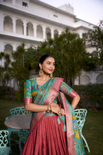Load image into Gallery viewer, Dark Sky and Maroon  Dola Silk Dhavani Set, Langa Voni , Davani Set , Half-Sarees With Price and Online Best Shopping Price Under 2000. this Fabric Dark Sky Dola Silk Dhavani Foe Weddings Wear Collection and This Blouses Unstitched and  Printed (Kalamkari) With Zari Weaving Border. This Fabric Dola Silk Color Langa Davani Set Rich Zari Weaving Work Border . Traditional dhavani Set Woman Look 2025 , 2024 , 2026 . 
