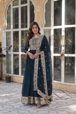 Load image into Gallery viewer, Heavy Work Dark Sky Gown , Designer Dark Sky Gown for Wedding , Dark Sky Color Gown for Festive Wear . 
