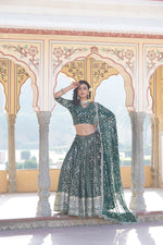 Load image into Gallery viewer, Wedding-perfect Dark Sky lehenga with rich embroidery , Premium Dark Sky lehenga in stitched can-can finish , Exclusive Dark Sky lehenga set with shimmer work , Dark Sky lehenga with soft cotton inner for comfort .
