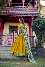 Load image into Gallery viewer, Dark Yellow Silk Lehenga with Embroidery , Vibrant Yellow Lehenga with Kalamkari Print , Dark Yellow Lehenga Choli for Wedding , 
Mustard Yellow Embroidered Lehenga Set , Yellow Vichitra Silk Lehenga Online , Traditional Yellow Lehenga with Tassels , Yellow Lehenga with Can Can and Canvas Stitch , Ethnic Yellow Bridal Lehenga for Women , Yellow Lehenga with Tussar Silk Dupatta , 
Stylish Dark Yellow Lehenga with Foil Work .
