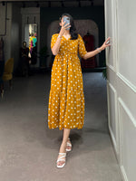 Load image into Gallery viewer, Dark Yellow Georgette Fabric Dress Polka Dot Print Price Under 1500 . this Fabric Soft Pure and Hot Fabric For Weddings Wear Collection . Embrace elegance with this Georgette frock featuring a Polka Dot Print design, micro cotton lining, and adjustable chest fit up to 48 inches . traditional look dress 2025-26 . 
