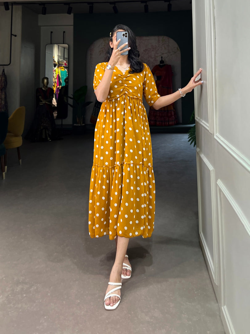 Dark Yellow Georgette Fabric Dress Polka Dot Print Price Under 1500 . this Fabric Soft Pure and Hot Fabric For Weddings Wear Collection . Embrace elegance with this Georgette frock featuring a Polka Dot Print design, micro cotton lining, and adjustable chest fit up to 48 inches . traditional look dress 2025-26 . 