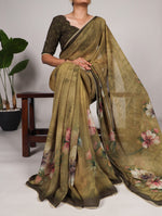 Load image into Gallery viewer, Dark Yellow Or Natural Wooden Color georgette sarees with price and online shopping price under 1000 . georgette fabric saree flower design and authentic look and for weddings this collcetion. 
