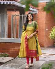 Dark Yellow Pure Kanchi Cotton Kurti With Price and Online Shopping Price Under 1500 . Upgrade your wardrobe with this stylish Pure Kanchi Cotton  Kurti Set. Featuring soft fabric, Jcard Weaving , it includes a kurti, dupatta, and pant for a complete elegant look.