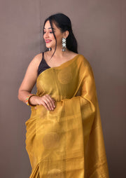 Aabinta Pure Tissue Silk Gold Saree | Shoppers Trend