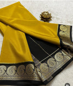 Load image into Gallery viewer, Yellow with black color saree 6.3m Semi-Mysore Silk Saree with zari detail. Includes blouse. Machine washable.

