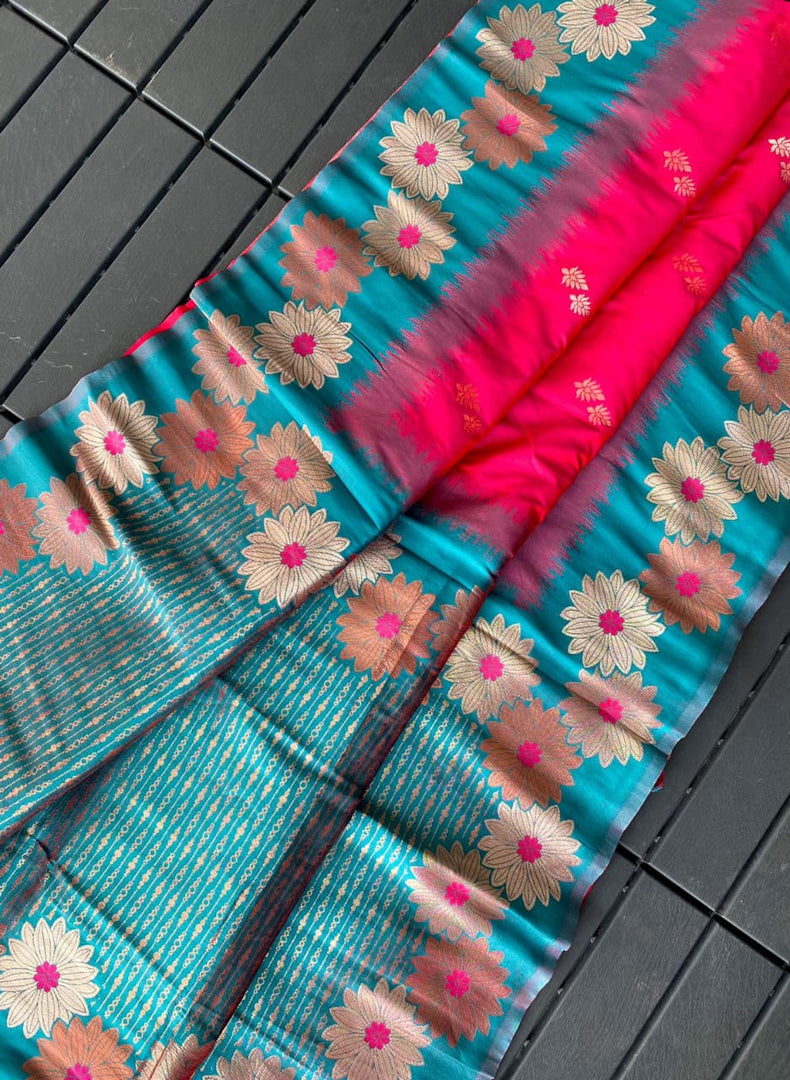 Elegant Rani Pink 6.3m Premium Silk Saree featuring intricate Zari weaving. Includes matching blouse piece. Machine washable for convenient care. Crafted for sophisticated occasions.