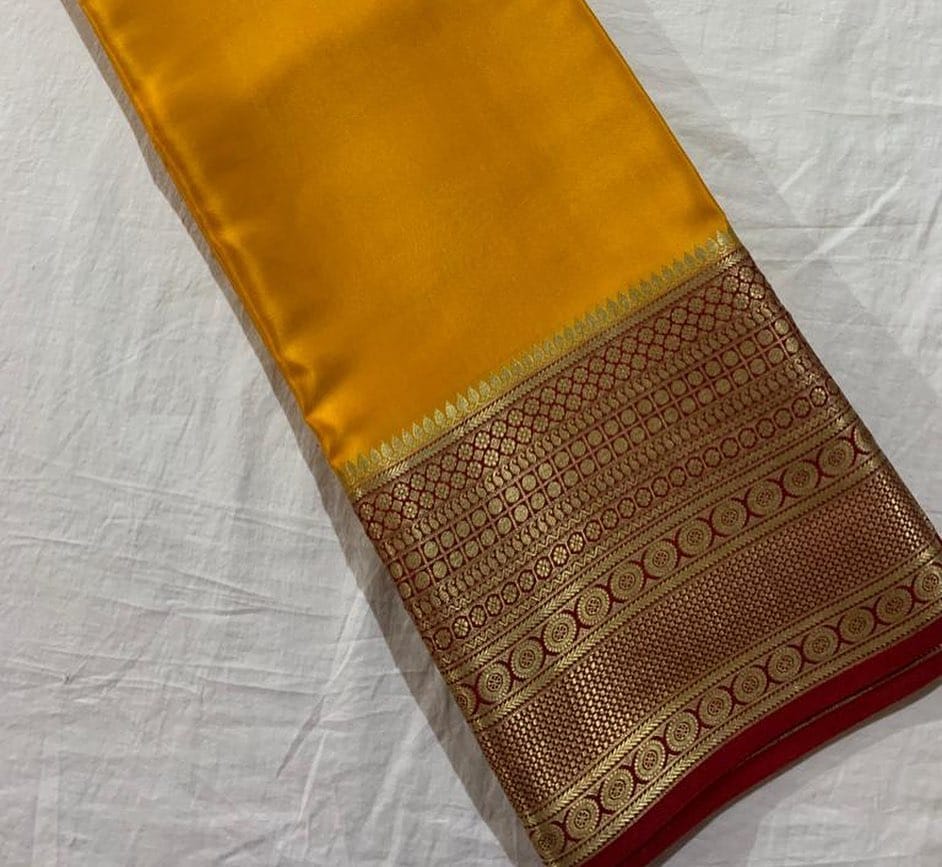 Elegant Semi-Mysore Silk Saree featuring zari weaving. 6.3m length with matching blouse piece. Machine washable. Free Size Saree Price Under 899!!!