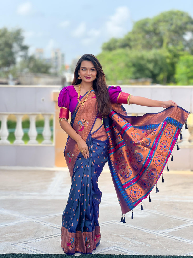 In This Fabric Tyohaar Soft Paithani Silk Saree with Handcrafted Traditional Pallu  Royal Blue Designer Very Popuplar Look And Famous Looking this Fabric Mainly Manufacturing Maharashtra Of Under 1999 .   